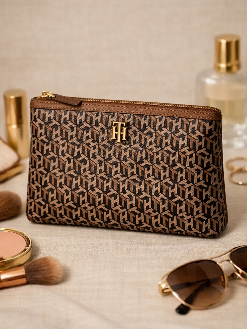 Tommy Hilfiger Brown Logo Cosmetic Pouch